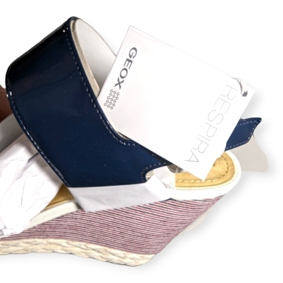 GEOX Wedges Sandals Patent Leather Braided  Donna Janira Navy Red Stripe NIB NEW - Picture 4 of 7